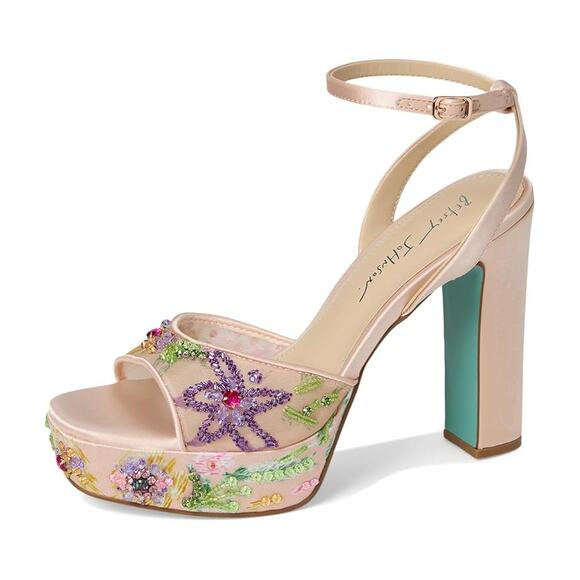 Betsey Johnson Womens Viven Heeled Sandal US 7.5 Nude Multicolor Embellished NIB - Picture 1 of 12